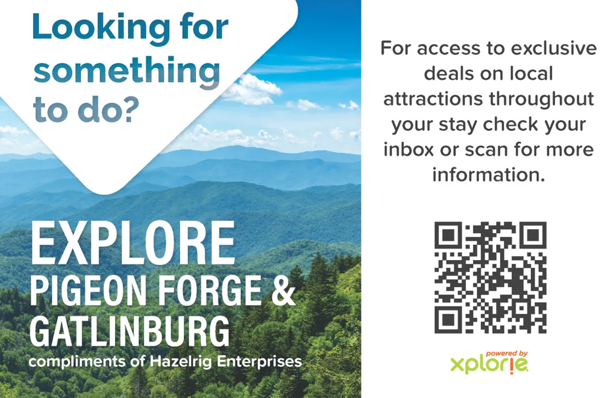 A scenic view of a mountain range under a blue sky, framed by green trees. The image conveys the beauty of the Smoky Mountains, inviting guests to explore local attractions, hike, and take in nature’s vistas. The text overlay references local deals and attractions.