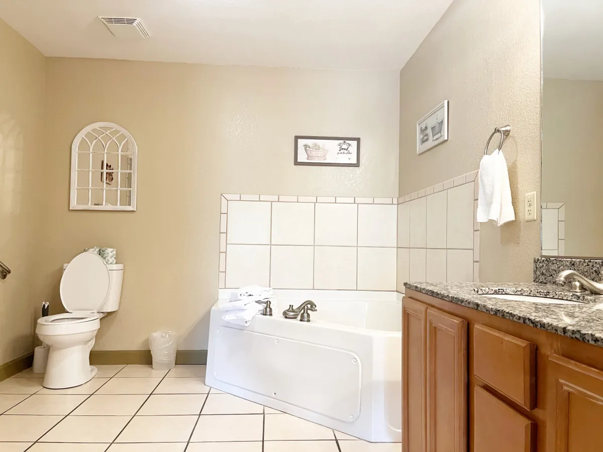 A tranquil bathroom scene featuring a soaking bathtub with a vanity sink, toilet, and decorative wall art. The space exudes a sense of calm, accented by soft lighting and clean lines.