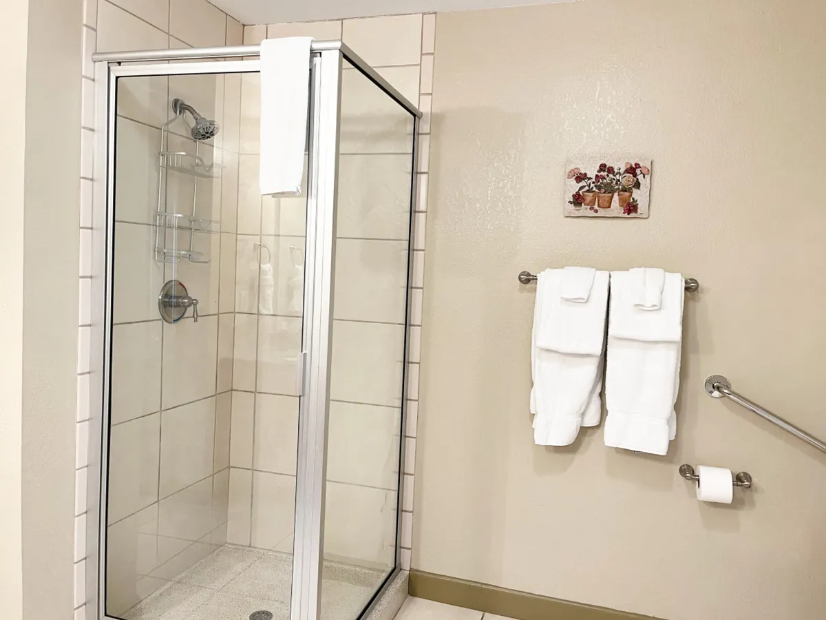 An inviting interior bath with a glass walk-in shower, fresh white towels, and stylish decorative wall art. The ambiance is one of comfort and tranquility, perfectly suited to refreshing moments of solitude.